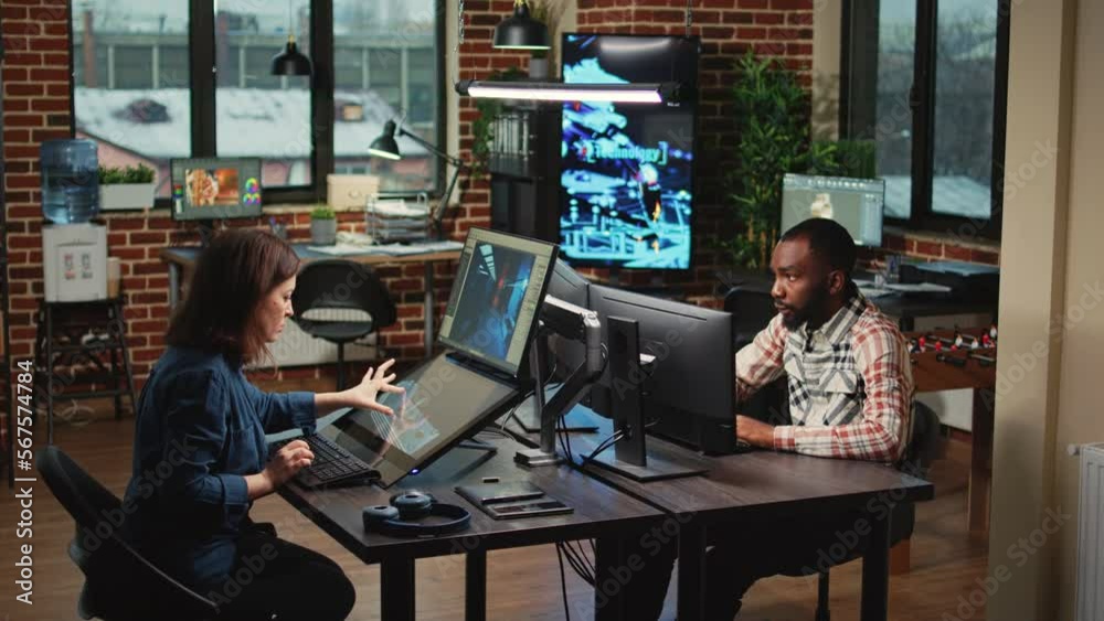Poster diverse team of engineers working with artificial intelligence, analyzing 3d render software on comp