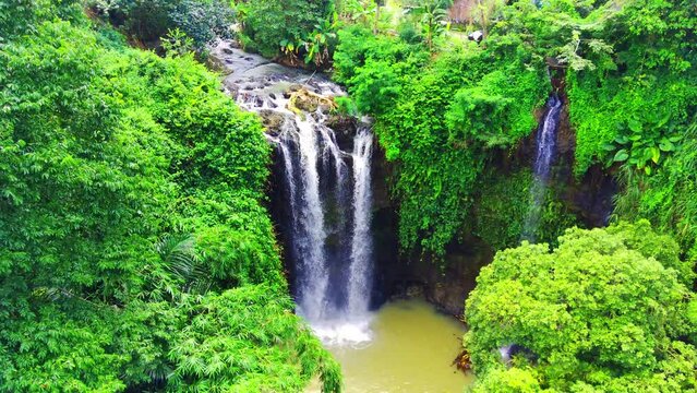 Aerial shot of Curug or waterfalls Gondoriyo in Semarang, Central Java, Indonesia.