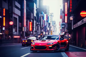 Papier Peint photo Lavable Voitures Futuristic Sports Cars in the Bright Lights of a Japanese Cyberpunk City Generative AI Photo