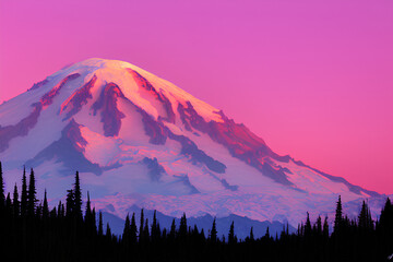 Pink Sunset Light on Mount Rainier in The Cascade Range Made With Generative AI Technology