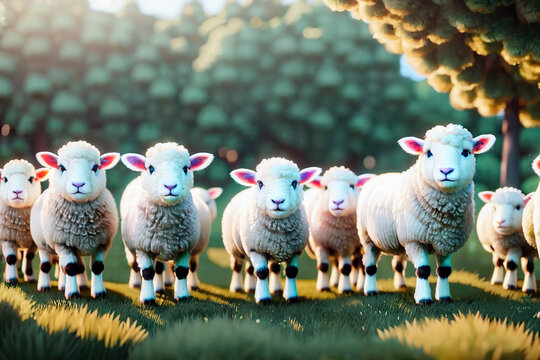 A Friendly Flock of Smiling Sheep Gathering in a Lush Pasture Generative AI Render
