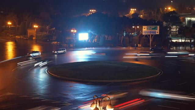 4K video traffic time lapse in the roundabout cross from Azneft Square in Baku. Rush hour traffic video in Azerbaijan.