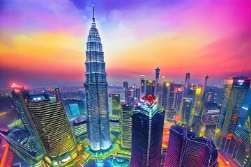 Fototapeta premium Generative AI illustration of Kuala Lumpur landmark in aerial view in vibrant colour.