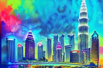 Generative AI illustration of Kuala Lumpur landmark in vibrant colour.