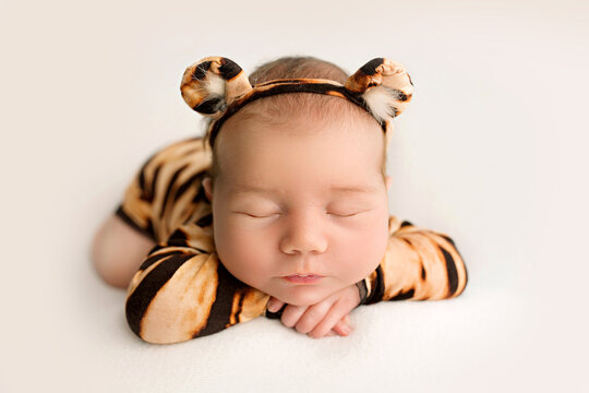 Top view of a newborn baby girl sleeping in a tiger jumpsuit and a tiger-ear-shaped bandage on her head on a white background. Little girl 7 days, one week. The image of a little tiger cub.