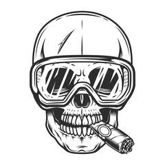 Construction worker skull builder smoking cigar or cigarette smoke in protective glasses in vintage monochrome style isolated vector illustration