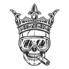 Construction worker skull builder  smoking cigar or cigarette smoke with crown king and protective glasses in vintage monochrome style isolated vector illustration