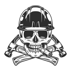 Skull smoking cigar or cigarette smoke and crossed builder hammers with hard hat from new construction and remodeling house business vintage style isolated vector illustration