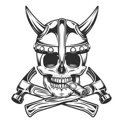 Skull smoking cigar or cigarette smoke with viking helmet and crossed hammer business builder from new construction and remodeling house illustration