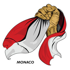 Fisted hand holding Monacan flag. Vector illustration of Hand lifted and grabbing flag. Flag draping around hand. Editable and scalable Eps format, Monacan