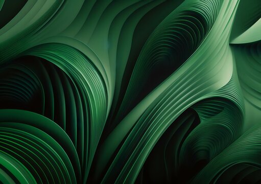 wallpaper featuring an interplay of abstract green shapes and curves, combined with angular lines and shapes (AI Generated)