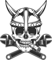 Skull  skull smoking cigar or cigarette smoke with viking helmet and crossed wrench business builder from new construction and remodeling house illustration