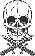 Gangster skull smoking cigar or cigarette smoke with crossed knives in vintage monochrome style isolated illustration