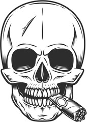 Vintage scary human skull smoking cigar or cigarette smoke tattoo template in monochrome style isolated illustration