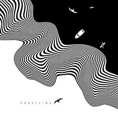 Hypnotic optical vector illustration. Multidimensional sea waves with a yacht, seagulls, and "Coastline" text.