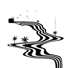 Hypnotic optical vector illustration. Multidimensional waves flowing out of a mug, with palm trees, birds, and "Journey" text.