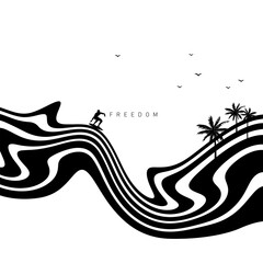 Hypnotic optical vector illustration. Multidimensional sea waves with a surfer, palms, birds, and "Freedom" text.