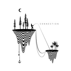 Hypnotic optical vector illustration. Multidimensional waves forming floating islands, with fisherman, trees, and "Connection" text.