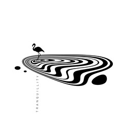 Hypnotic optical vector illustration. Multidimensional waves formed like a pond, with flamingo, and "Tranquility" text.