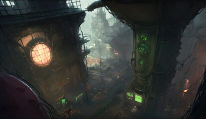 Fototapeta premium Steampunk city cramped street hight poor street neon 5