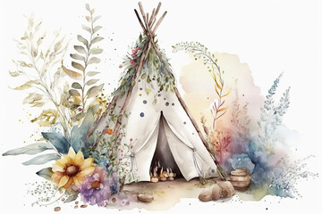 Teepee tipi with trees and flowers watercolor, Generative AI