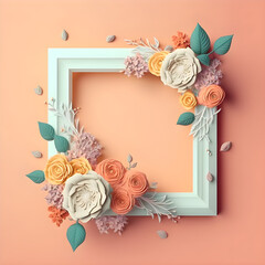 Elegant Pastel Roses Frame on Peach Orange Background, created using Generative AI
