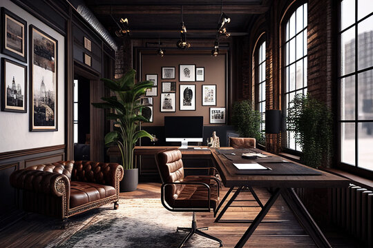 interior of a room Luxury workspace office decorated with industrial loft modern interior design. AI generative image.