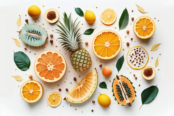 Variety of tropical fruit on white background made with Generative AI