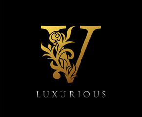 Golden V Luxury Logo Icon, Vintage Swirl V Letter Logo Design..
