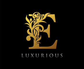 Golden E Luxury Logo Icon, Vintage Swirl E Letter Logo Design..