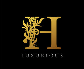 Golden H Luxury Logo Icon, Vintage Swirl H Letter Logo Design..