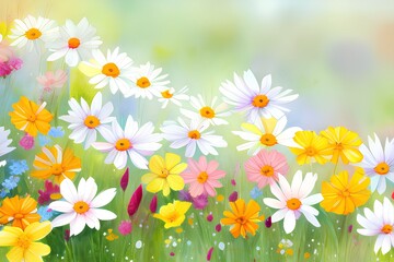 sky, green Setaria grass, Flowers, pink, red, yellow, blue, branches, leaves, grass, a lot of grass, flowers of all colors, wide-angle lens, Backgrounds,Illustration and Painting,Illustration Techniqu
