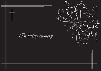 Obituary notice. Floral vintage condolence with a cross and font brush script MT italic. Funeral memorial calligraphy in vector and jpg with place for your text.