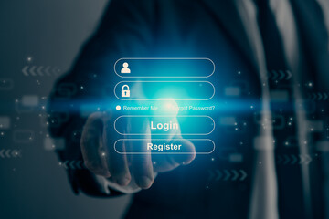 Businessman Hand Touching Blue Username and Password Login Interface in Vintage Tone