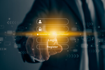 Businessman Hand Touching Username and Password Login Interface in Vintage Tone