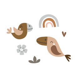 Summer poster with tropical birds and rainbow in boho style. Vector illustration for nursery and textile decoration.