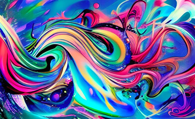 Generative AI illustration of colorful psychedelic abstract art wallpaper background with swirly paint patterns in fluid motion.