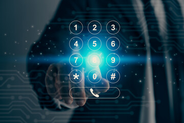 Businessman Hand Touching Blue Transparent Phone Keypad Screen in Vintage Tone