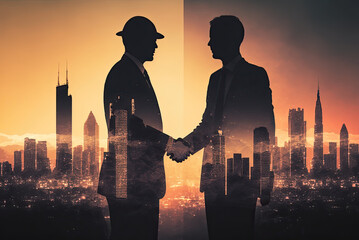 two businessmen handshake standing in front of a city. Cityscape in the background. Generative AI