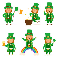St. Patrick's Day set of happy leprechauns with red whiskers. Vector Illustrations. Cheerful man character. Pot of gold, beer, shamrock, rainbow, Irish flag. For design and stickers