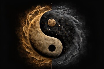 Golden and black yin yang symbol with floating powder on black background. abstraction, Buddhism, Hinduism, symbol, religion, balance concept. Generative AI