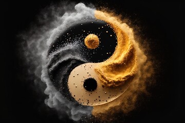 Golden and black yin yang symbol with floating powder on black background. abstraction, Buddhism, Hinduism, symbol, religion, balance concept. Generative AI