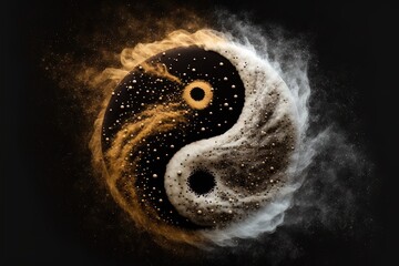 Golden and black yin yang symbol with floating powder on black background. abstraction, Buddhism, Hinduism, symbol, religion, balance concept. Generative AI - obrazy, fototapety, plakaty