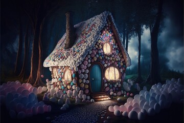 Fototapeta premium House made of candy in enchanted forest of fantasy world, 3D illustration, AI
