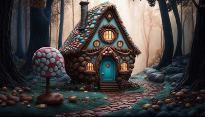 House made of candy in enchanted forest of fantasy world, 3D illustration, AI