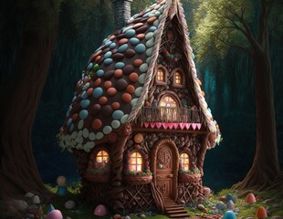 House made of candy in enchanted forest of fantasy world, 3D illustration, AI
