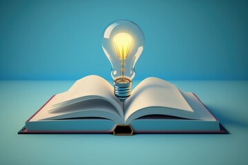 Open book with light bulb, concept of creativity and innovation, blue background, 3D illustration, AI
