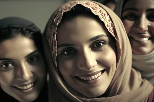 Smiling young middle eastern woment wearing a hijab looking at the camera. generative AI	