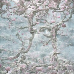 Abstract illustration of pink bubblegum on white tree roots  (created with Generative AI)