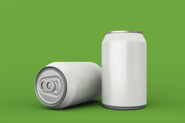Realistic two soda can mockup with one resting and leaning left